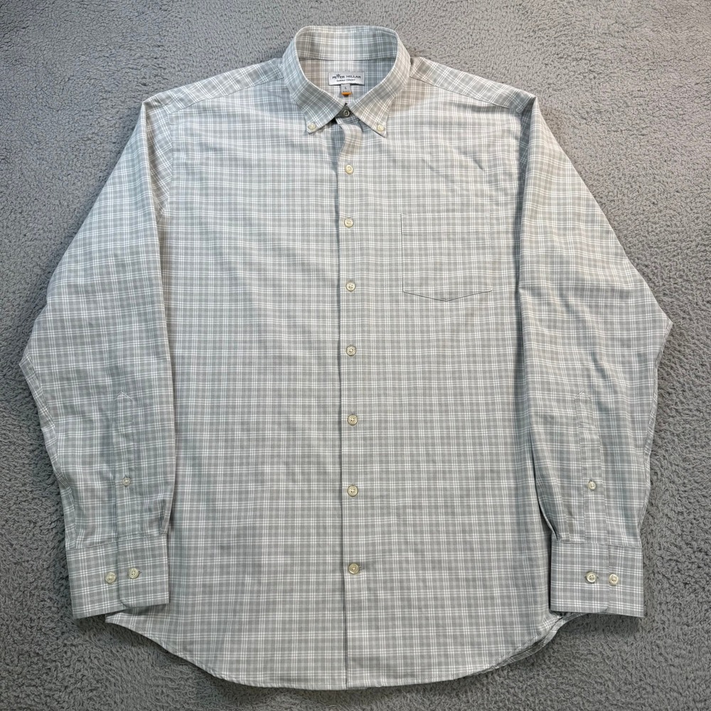 Peter Millar Summer Comfort Mens Large Gray Plaid Performance Button Down Shirt